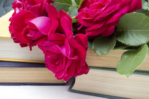 Buquê Rosas Vermelhas Uma Pilha Livros Sobre Fundo Pedra Leve — Fotografia de Stock