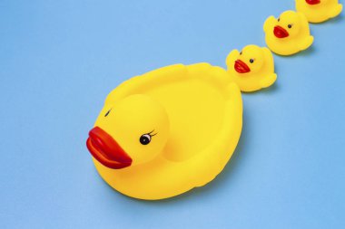 Kauçuk oyuncak sarı renk anne ördek ve mavi bir arka plan üzerinde küçük ördek yavrusu. Anne bakım ve sevgi çocuklar, yetiştirme ve çocuklarının eğitim kavramı.