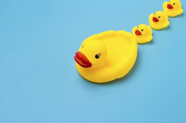 Kauçuk oyuncak sarı renk anne ördek ve mavi bir arka plan üzerinde küçük ördek yavrusu. Anne bakım ve sevgi çocuklar, yetiştirme ve çocuklarının eğitim kavramı. Düz yatıyordu, en iyi görünümü.
