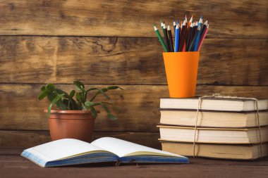 Defter, bir yığın kitap, renkli kalemler bir plastik bardak, ahşap arka plan üzerinde bir tencerede çiçek açmak.