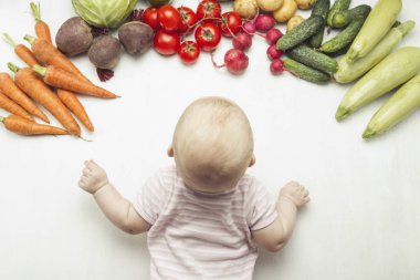 Küçük bebek taze organik sebze bir ışık ahşap arka plan üzerinde görünüyor. Sağlık Bakımı. İlk Gıda seçimi. Sağlıklı bebek maması. Düz yatıyordu, en iyi görünümü.