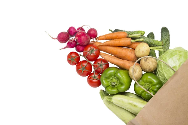 Paper Shopping Bag Fresh Organic Vegetables White Background Concept Buying Stock Image