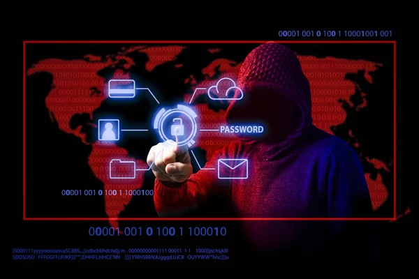 Der gesichtslose Mann mit Kapuze berührt ein Hologramm mit offenem Schloss und greift auf persönliche Daten, Kreditkarte, E-Mail usw. zu. Bild ist in roten Blautönen gehalten. — Stockbild Der Gesichtslose Mann Mit Kapuze Berührt Ein Hologramm Mit Offenem — Stockfoto