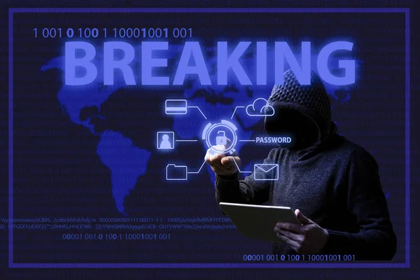 Conceito Ataques Hackers Pirataria Dados Homem Sem Rosto Capuz Iluminação — Fotografia de Stock
