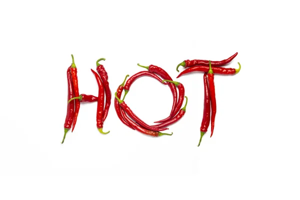 Красный Острый Перец Чили Выложен Word Hot Белом Фоне Плоский — стоковое фото