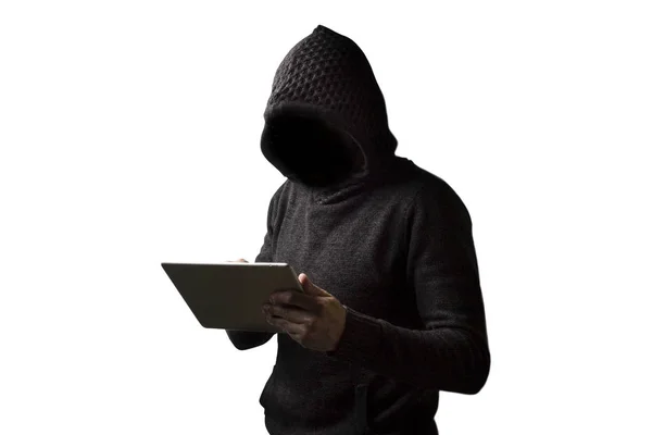 Ansiktslösa Mannen Hoodie Med Huva Håller Tablett Händerna Vit Bakgrund — Stockfoto