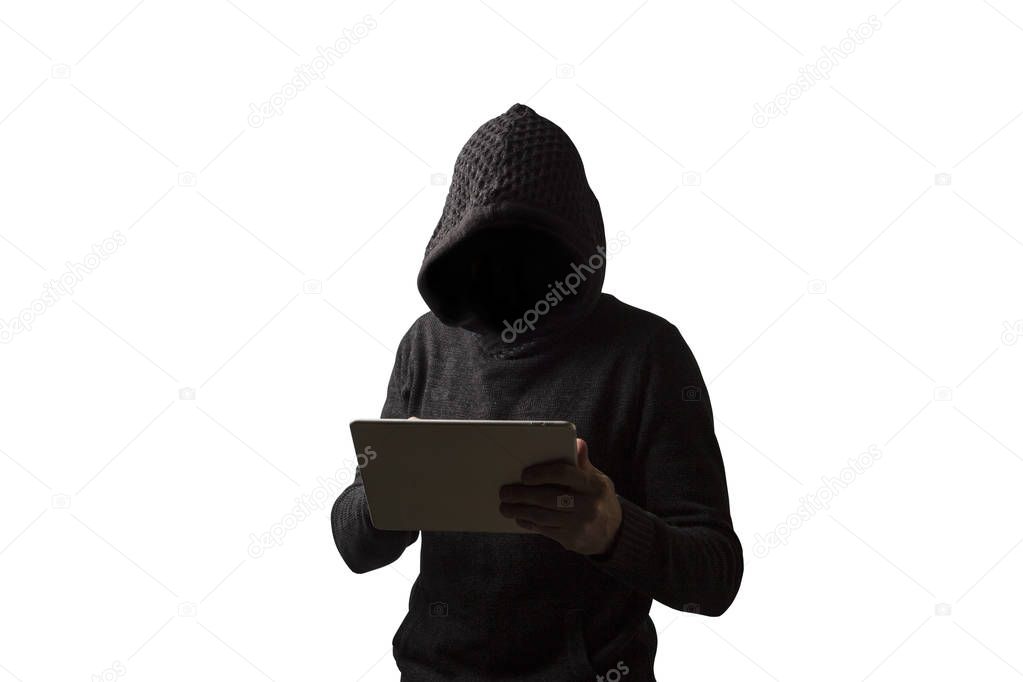 Faceless man in a hoodie with a hood holds a tablet in his hands on a white background. Concept of hacking user data. Hacked lock, credit card, cloud, email, passwords, personal files.