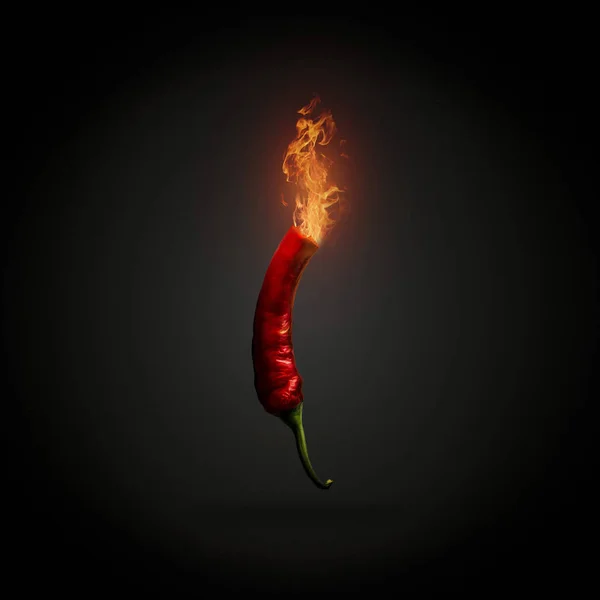 Red hot Chili pepper with fire coming out of it. Dark Black Background. Concept of very hot pepper.