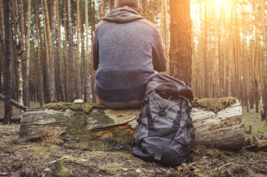 Adam sırtı kameraya dönük şekilde kütüğe oturur ve ormanda bir turist sırt çantasıyla. Ormana ya da dağlara yürüyüş yapma fikri. Vahşi doğada hayatta kalma dersleri..