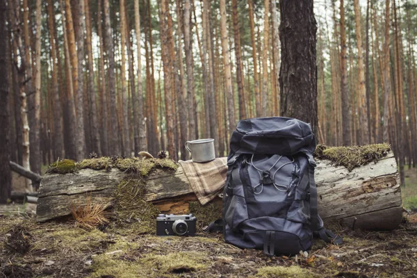 Mochila Turística Caneca Metal Câmera Floresta Conceito Uma Viagem Caminhada — Fotografia de Stock