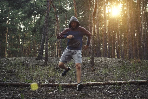 Hombre Dedica Correr Con Obstáculos Bosque Pinos Hermoso Juego Luces — Foto de Stock