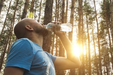 Adam çam ormanının çerçevede bir plastik bir şişe su içer. Temiz havada eğitim ve orman ve dağlar hiking kavramı.