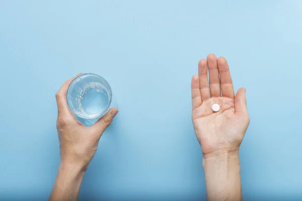 Female Hand Holding Pill Palm Hand While Second Hand Holding — Stock Photo, Image