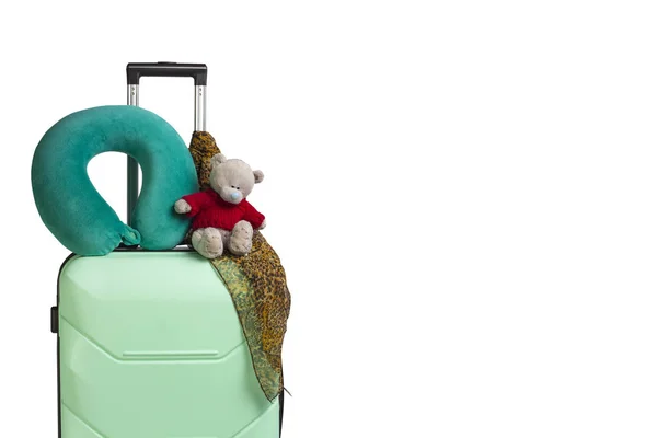 Valigia Plastica Con Ruote Peluche Cuscino Viaggio Sciarpa Collo Fondo — Foto Stock