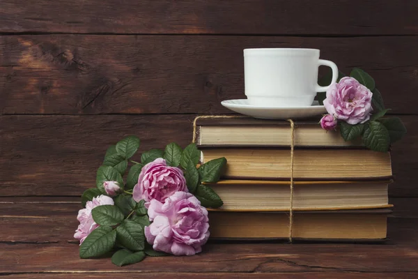 Stack Books White Cup Coffee Pink Rose Dark Wooden Background — Stock Photo, Image