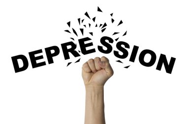 Erkek el bir yumruk sıkılı beyaz bir arka plan üzerinde metin depresyon böler. Depresyon ile ilgili kavramı.