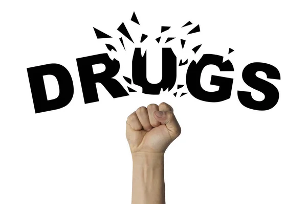 Mão Masculina Apertado Punho Divide Texto Drugs Fundo Branco Conceito — Fotografia de Stock