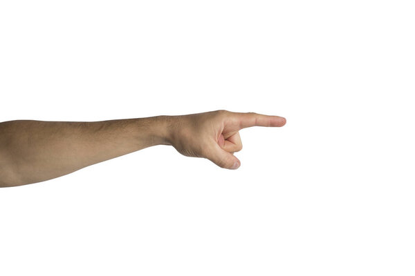 Male hand points the finger on a white background. Side shot.