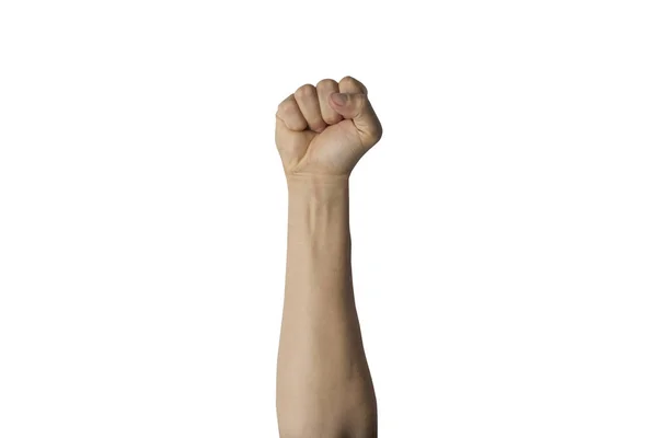 Mão Levantada Cerrada Punho Fundo Isolado Branco Conceito Unidade Revolução — Fotografia de Stock
