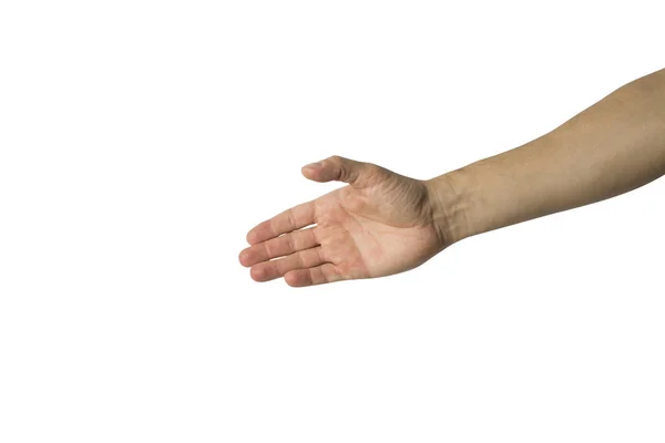 Outstretched Male Hand Open Palm White Background Side Picture Handshake — Stock Photo, Image