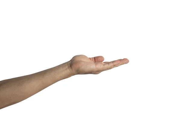 Manlig Hand Palm Upp Vit Bakgrund Sida Som Sköt — Stockfoto