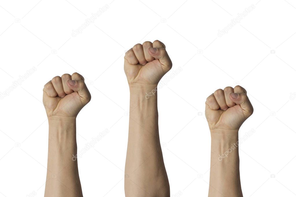 Hands raised up and clenched into a fist on a white isolated. Concept of unity, revolution, revival, rebellion.