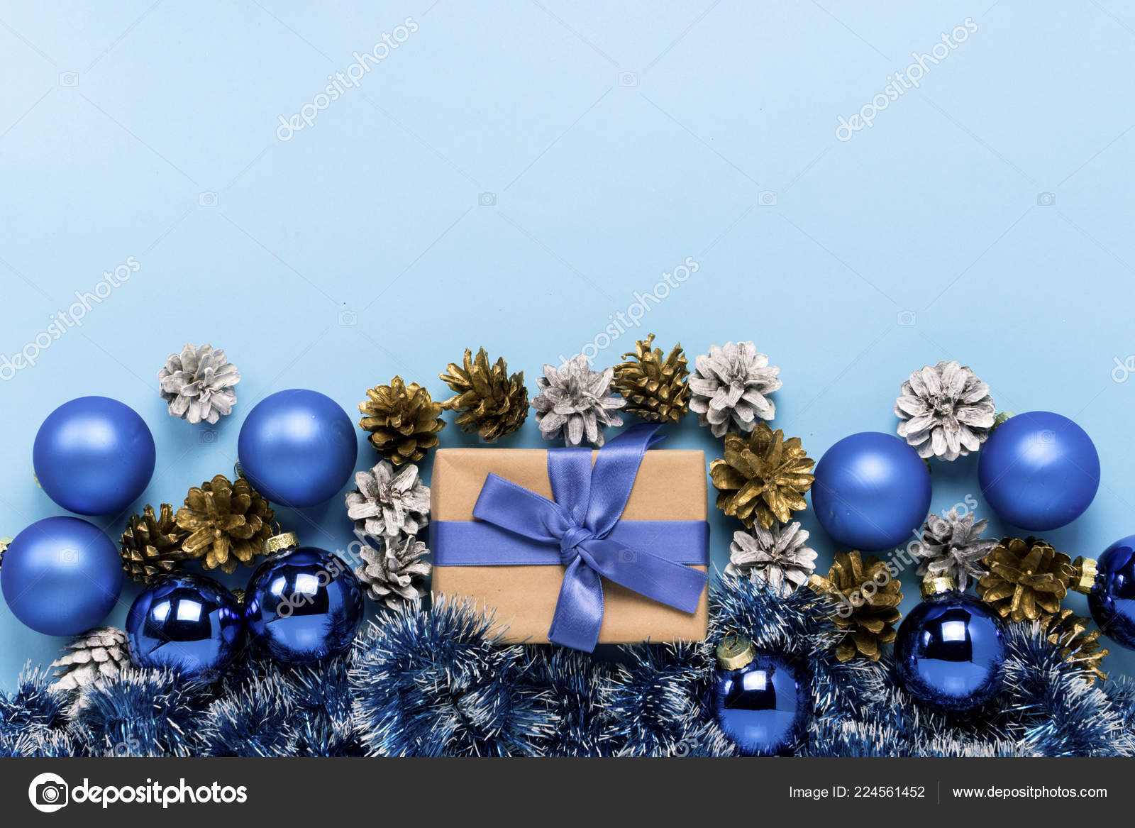 Gift Box Blue Ribbon Christmas Tree Decorations Balls White Gold Stock  Photo by ©Surgay 224561452