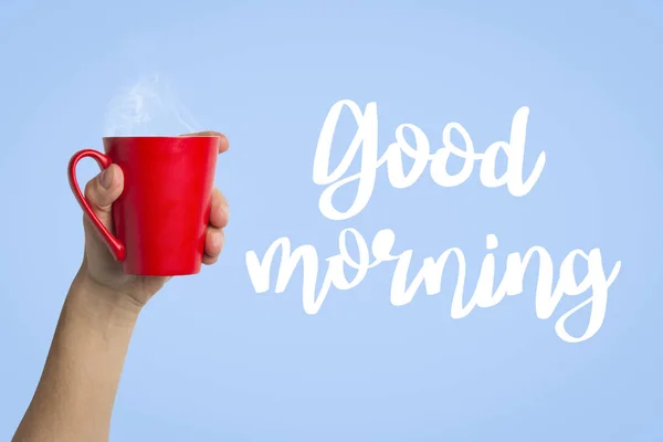 Female Hand Holding Red Cup Hot Coffee Tea Blue Background — Stock Photo, Image