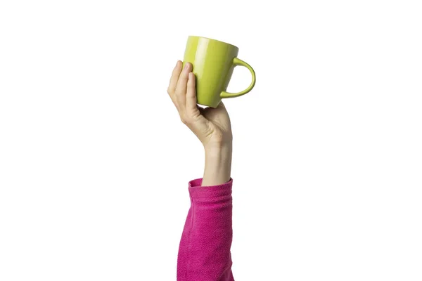 Main Féminine Dans Des Vêtements Tenant Une Tasse Verte Avec — Photo