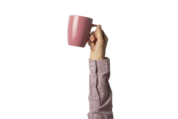 Женщина Одежде Держит Розовую Чашку Кофе Чаем Белом Фоне Концепция — стоковое фото