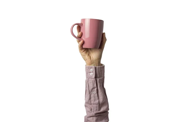 Ręka Ubrania Przytrzymanie Różowy Kubek Kawą Lub Herbatą Białym Tle — Zdjęcie stockowe