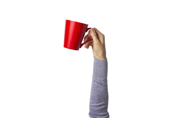 Female Hand Blue Clothes Holding Red Cup Coffee Tea White — Stock Photo, Image