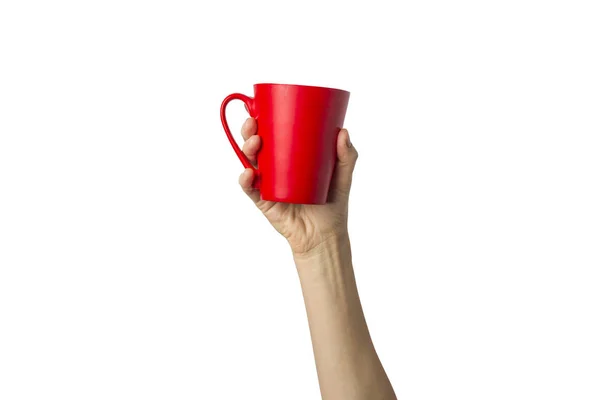 Mano Femenina Sosteniendo Una Taza Roja Con Café Caliente Sobre —  Fotos de Stock