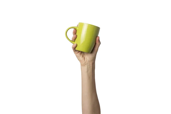 Mano Femminile Tiene Una Tazza Verde Con Caffè Caldo Uno — Foto Stock