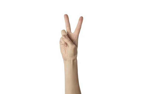 Женщина Подняла Руку Показала Жест Мира Двумя Поднятыми Пальцами Белом — стоковое фото
