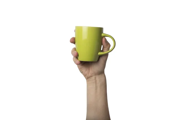 Mão Masculina Está Segurando Uma Xícara Verde Com Café Quente — Fotografia de Stock