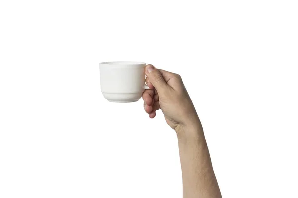 Mão Feminina Segurando Uma Xícara Branca Café Fundo Branco Conceito — Fotografia de Stock