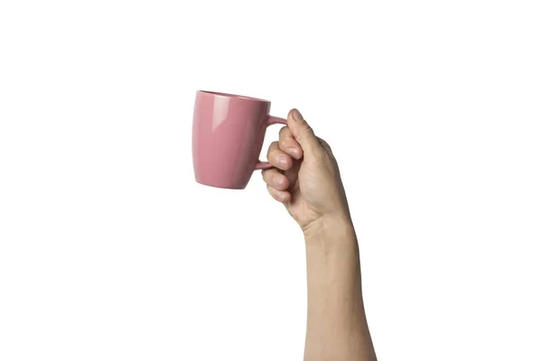 Αρσενικό Χέρι Κρατάει Ένα Ιώδες Κυπελάκι Ζεστό Καφέ Τσάι Λευκό — Φωτογραφία Αρχείου