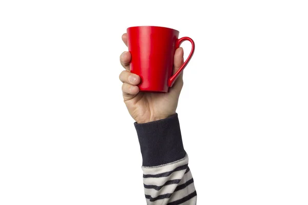 Męskiej Ręki Ubrania Trzyma Czerwony Kubek Gorącą Kawę Lub Herbatę — Zdjęcie stockowe