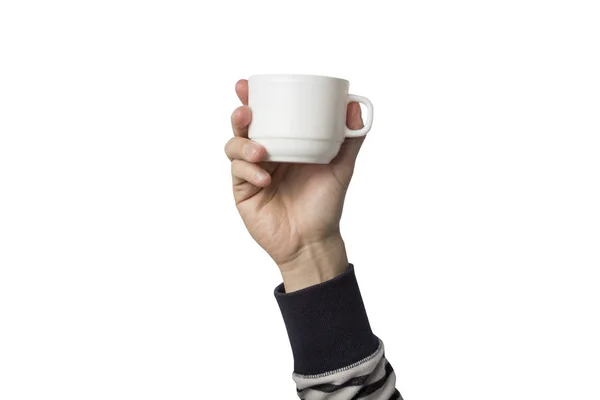 Main Masculine Dans Des Vêtements Tenant Une Tasse Blanche Avec — Photo