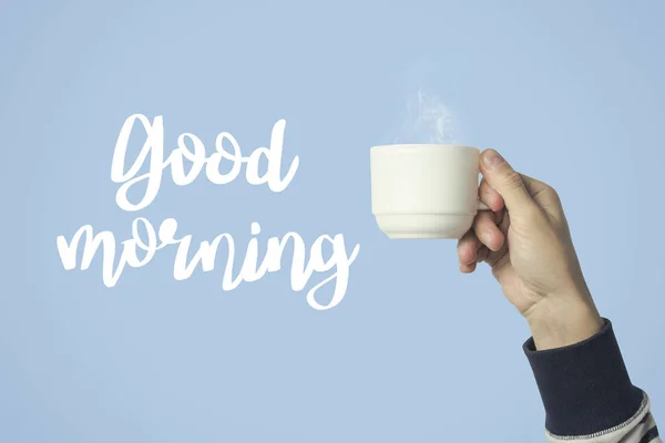 Male Hand Holding White Cup Hot Coffee Tea Blue Background — Stock Photo, Image