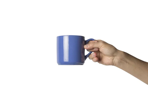 Mão Masculina Segurando Uma Xícara Azul Com Café Quente Fundo — Fotografia de Stock