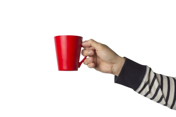 Αρσενική Χέρι Κρατά Ένα Ερυθρό Κύπελλο Ζεστό Καφέ Λευκό Φόντο — Φωτογραφία Αρχείου