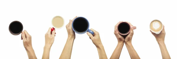 Many Hands Holding Cups Coffee White Background Concept Breakfast Friends — Stock Photo, Image