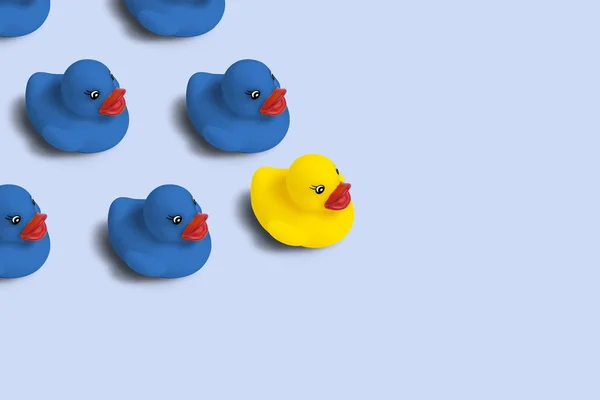 Group of blue toy ducks and one yellow duck in the head of the group on a blue background. Concept of creative business solutions, team leadership, stands out from the crowd, uniqueness