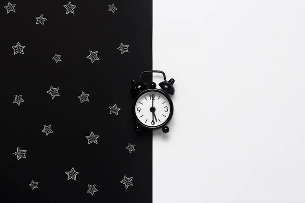 Black Alarm Clock Black White Background Stars Concept Day Night — Stock Photo, Image