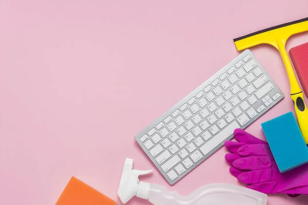 Cleaning Products Rubber Gloves Sponges Window Scraper Keyboard Pink Background — Stock Photo, Image