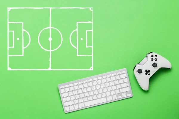 Klawiatura Gamepad Zielonym Tle Schemat Boiska Piłki Nożnej Koncepcja Gry — Zdjęcie stockowe