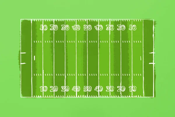 Image of a football field on a green cardboard. Tactics of the game. The concept of the game of American football. Flat lay, top view