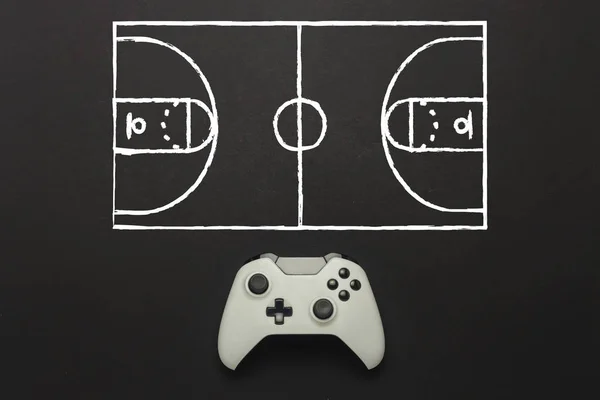 Conceito de e-sports online. gamepad com quadra de basquete. jogador. jogos.  bandeira. ilustração 3d.